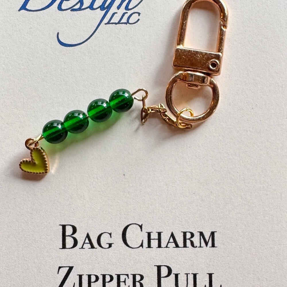 Gold Bag Charm with Green  Beads | Zipper Pull Accessory